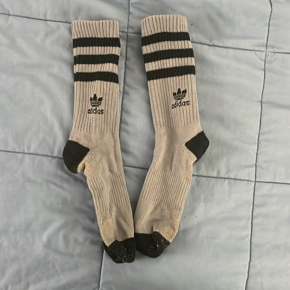 Adidas grey socks with black stripes